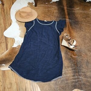 Gap Navy Blue White Embroidered Linen Cotton Dress Medium